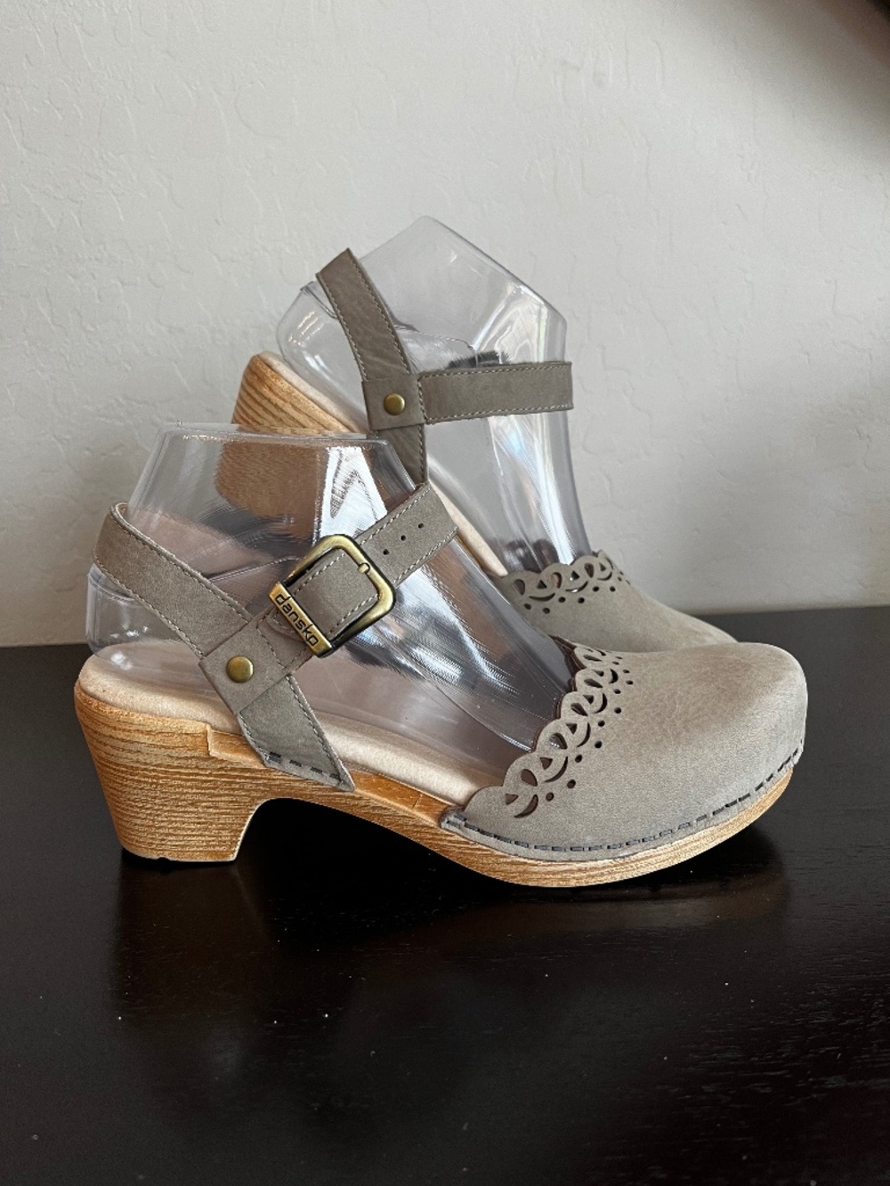 Dansko Tivoli Taupe Suede Mary Jane Clogs With A Laser Cut Scalloped Design 37